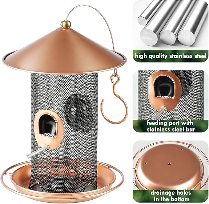Bird Feeder for Outdoor, Metal Wild Bird Feeder Hanging Outside, 7.5" Copper Roof and 360 Degree Feeding Tray with 2 Extra Feeding Ports, 3 Lbs Bird Seeds Capacity-Ruum Studio Home