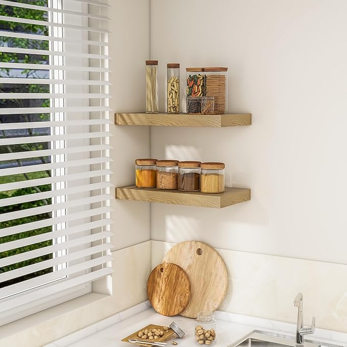 RICHFOCUS 16Inch Floating Shelves for Wall 2 Pack Shelves for Bedroom|Kitchen|Bathroom Wall Mounted Rustic Wood Floating Shelf with Invisible Brackets for Books|Storage|Decor, Oak-Ruum Studio Home