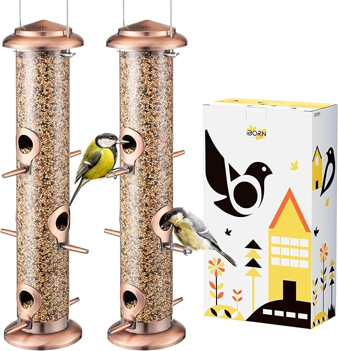 iBorn Metal Bird Feeders Brushed Copper Wild Bird Feeder for Outdoors Hanging All Metal Brushed Copper Finishing 14 Inch 6 Port,Pack of 2-Ruum Studio Home