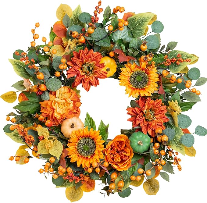 Fall Wreaths for Front Door 24 Inch Autumn Wreath with Sunflowers, Orange Dahlias, Maple Leaves & Berries – Fall Door Wreath for Outdoor or Indoor Thanksgiving Decor-Ruum Studio Home