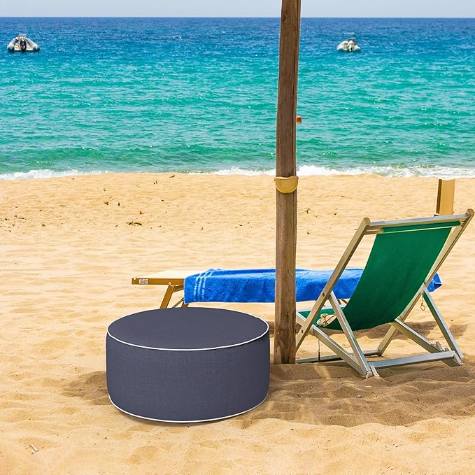 Inflatable Ottoman Stool D21 xH9 for Outdoor/Indoor Use, Water Repellent Patio Foot Rest Stool with Portable Handle,Round Pouf Ottoman Suitable for Garden,Deck and Camping - Textured Navy-Ruum Studio Home