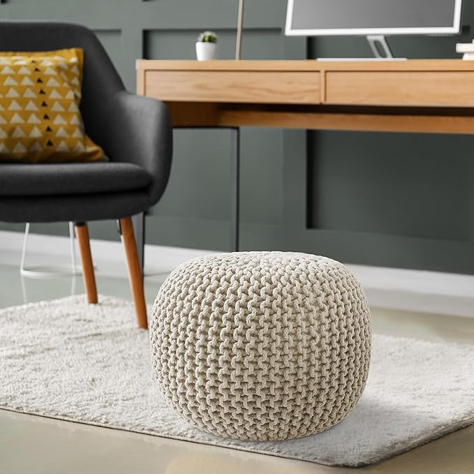 Casafield Round Pouf Ottoman, Natural - 20" Diameter x 14.5" High Cotton Knit Foot Stool - Boho Floor Pouffe for Living Room, Bedroom, Home Office-Ruum Studio Home