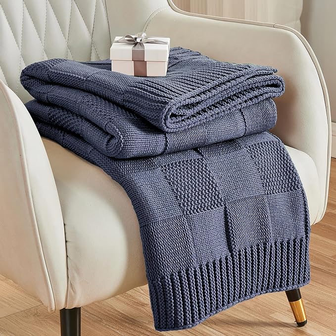 CozeCube Check Knit Throw Blanket, Steel Blue Checkered Throw for Couch, Decorative Christmas Soft Cozy Warm Knitted Blanket for Bed Sofa Living Room, 50"X60"-Ruum Studio Home