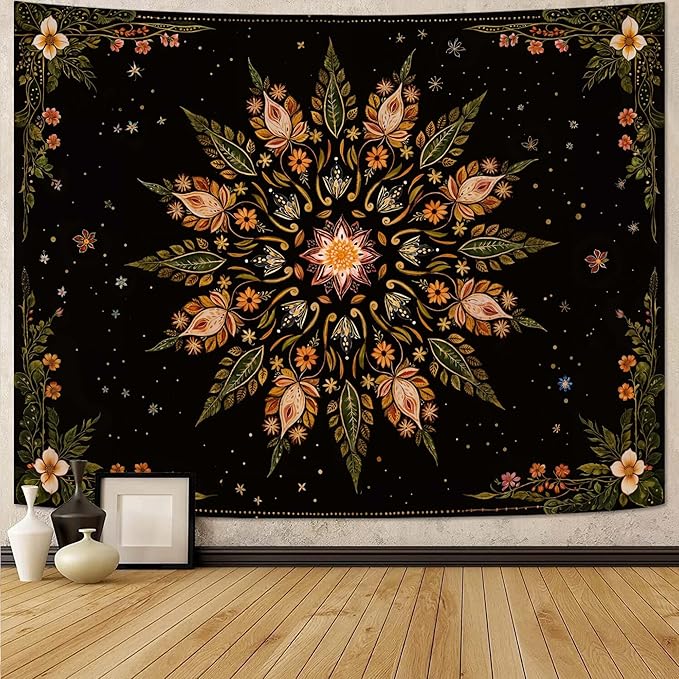 Fowocu Boho Floral Mandala Tapestry for Bedroom Aesthetic Vintage Bohemian Flower Wall Tapestry Black Green Hippie Indian Extra Large Tapestries Wall Hanging for Living Room Dorm Decor 90 x 68 Inch-Ruum Studio Home