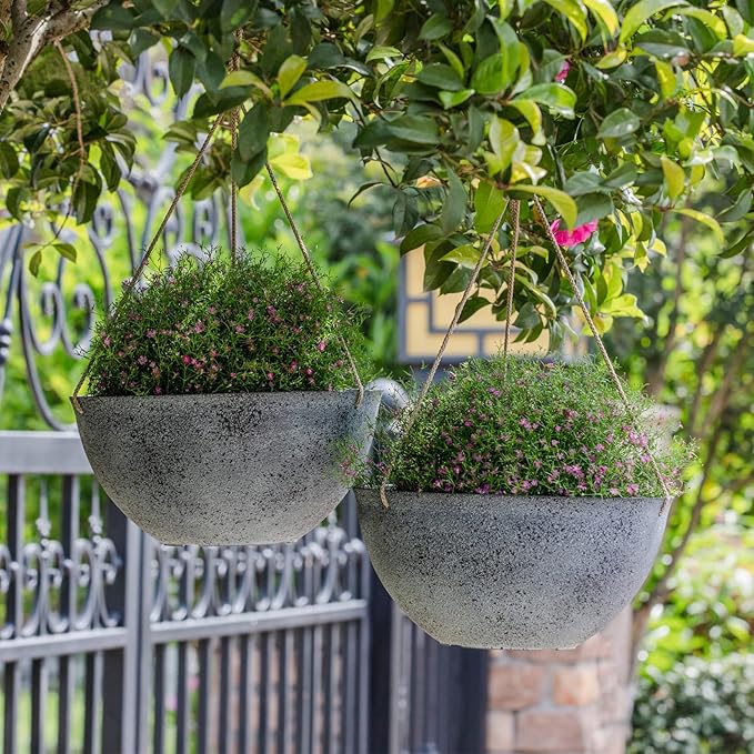 LA JOLIE MUSE Large Hanging Planters for Outdoor Plants - 13 Inch Hanging Flower Pots with Drainage Holes, Set of 2, Rock Grey-Ruum Studio Home