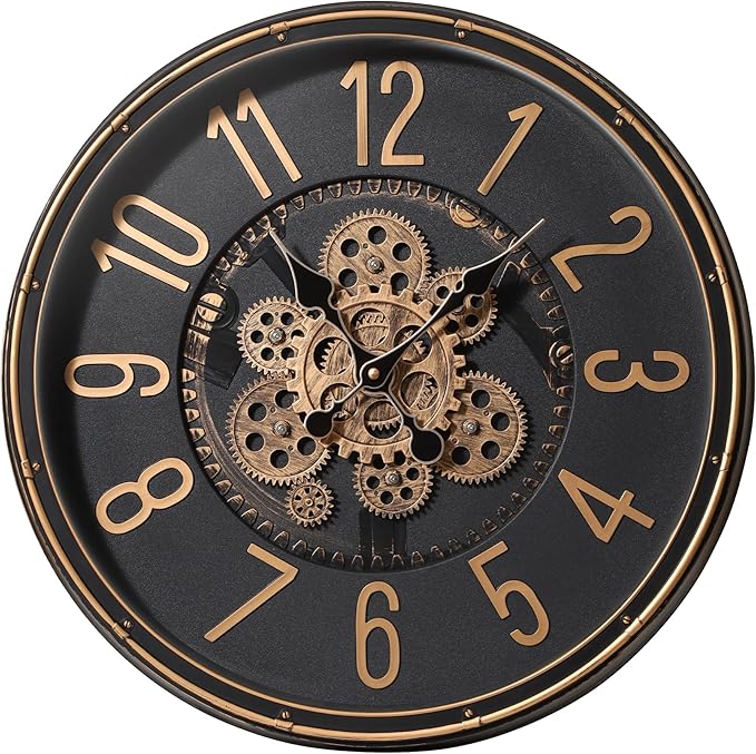 Maxstar Large Moving Gear Wall Clock,20" Vintage Mechanical Battery Operated Industrial Wall Clocks for Farmhouse Living Room,Home Office, Dinning Room, Kitchen, Steampunk Decor-Gold,Arab Numeral-Ruum Studio Home