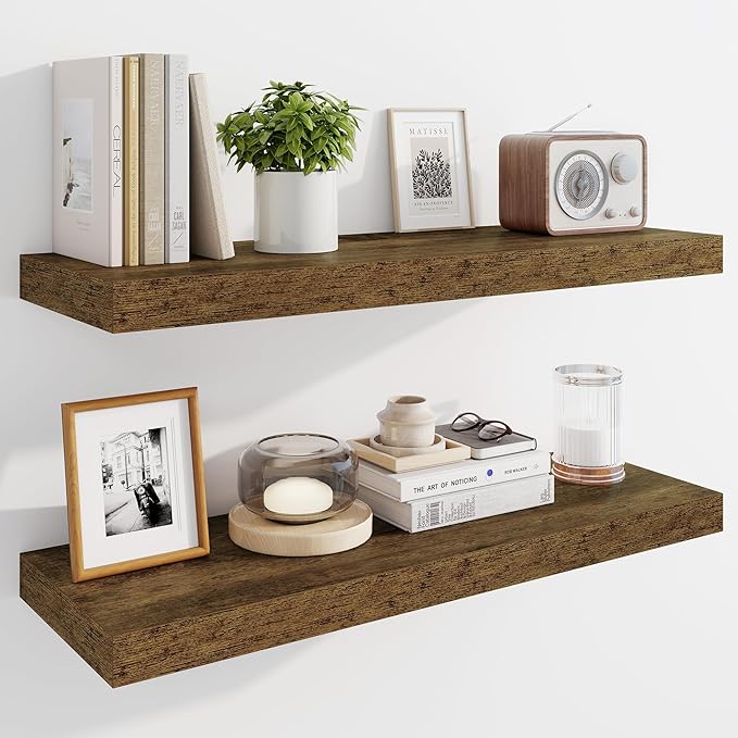 Marsmiles 30" Floating Shelves for Wall, Wooden Shelves with Invisible Brackets Set of 2, Rustic Farmhouse Wall Mounted Shelf for Kitchen Bathroom Living Room Study, Rustic Brown-Ruum Studio Home
