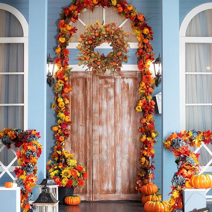 22 inch Artificial Fall Wreaths for Front Door,Autumn Wreath with Pumpkin and Maple Leaves Suitable for Indoor Outdoor Wall Porch Harvest Festival Thanksgiving Day Farmhouse Holiday Decor.-Ruum Studio Home