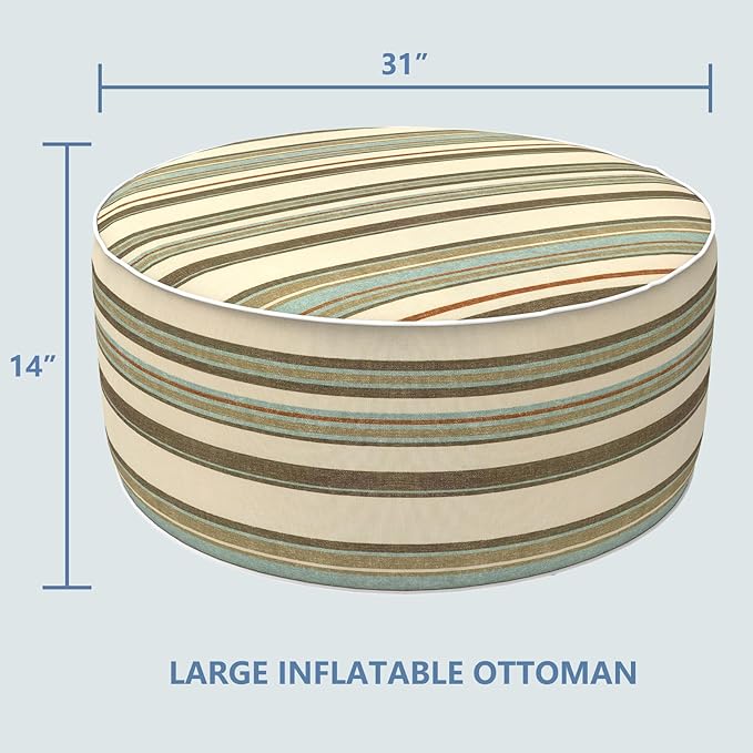 LVTXIII Outdoor Inflatable Ottoman, Fade-Resistant Round Footrest Stool D31”x H14”, Portable Patio Pouf for Garden Camping or Home Use, Stripe Onyx-Ruum Studio Home