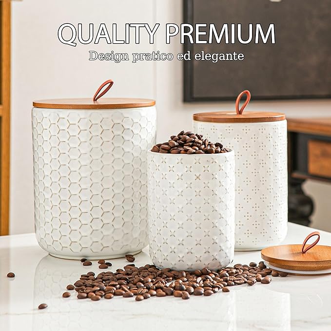JOJUNO White Ceramic Canister Set with Wooden Lids – 3-Piece Airtight Food Storage Jars for Kitchen, Embossed Design, Small/Medium/Large Sizes (30/48/82 oz) – Flour, Sugar, Coffee, Tea Containers-Ruum Studio Home