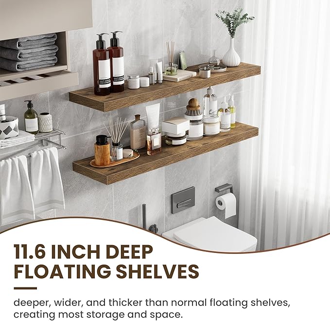 48 Inch Floating Shelves, 12 Inch Deep Floating Shelves for Wall, Floating Shelf with Invisible Brackets, Deep Wall Shelves for Bathroom, Bedroom, Living Room, 1 Pack, Brown-Ruum Studio Home