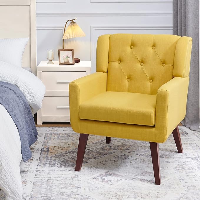 Accent Chair Button-Tufted Upholstered Living Room Chairs Comfy Reading Chair Mid Century Modern Chair with Linen Fabric Lounge Arm Chairs for Living Room Bedroom (Yellow Set of 2)-Ruum Studio Home