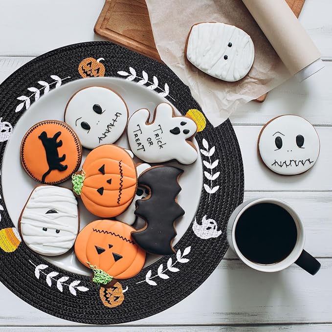 Whaline 4Pcs Round Halloween Placemats Embroidered Ghost Pumpkin Candy Corn Place Mats Black Spooky Dinner Table Mats for Halloween Party Decor-Ruum Studio Home