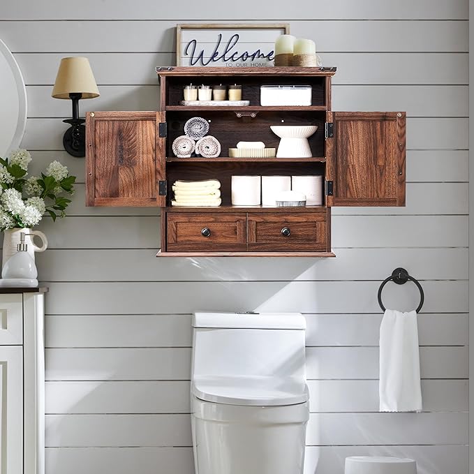 Bathroom Wall Cabinet, Farmhouse Medicine Cabinet, 24" Wide Cabinet with Drawer, Adjustable Shelf, Double Barn Doors, Storage Cabinet for Bathroom, Kitchen, Living Room, Brown-Ruum Studio Home