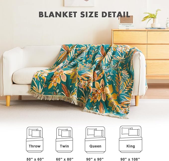 MSGKV Boho Throw Blanket for Bed Twin Size Cotton Muslin Breathable Floral Blanket 60"x80" Sofa Couch Blankets for All Seasons Lightweight Farmhouse Blankets Boho Home Decor-Ruum Studio Home