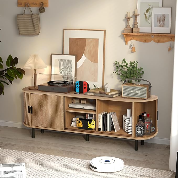 62" Tambour Door TV Stand,Wood Mid Century Modern TV Cabinet for Up to 75“ TV,Curved Edge Long TV Stand with Storage for Bedroom Living Room (Natural, 62.2inch)-Ruum Studio Home