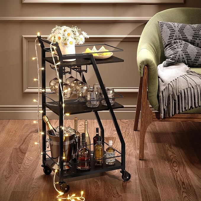 Bar Cart, Bar Cart for The Home, Small Bar Cart on Wheels, Beverage Cart, Home Bar Serving Cart with Glass Holder, Drink Cart for Bar, Kitchen, Dining, Marble Black and Black BC03BM-Ruum Studio Home