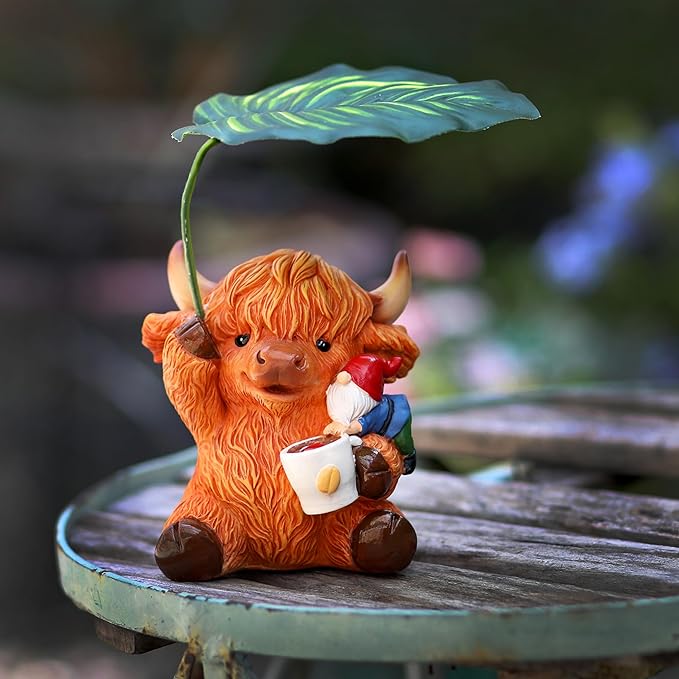 Garden Gnome with Highland Cattle 6.5“ Figurine Ornament for Indoor Outdoor Home Patio Yard Lawn, Red Hat, Blue Outfit, Indoor Outdoor Decorative Statue-Ruum Studio Home