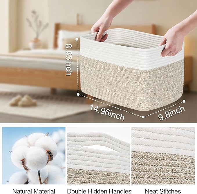 Shelf Baskets for Organizing, Woven Storage Basket for Shelves, Cotton Rope Storage Bins for Toys Books, Nursery Towel Baskets for Classroom, 14.96"X9.8"X8.85", 3-Pack White/Brown-Ruum Studio Home