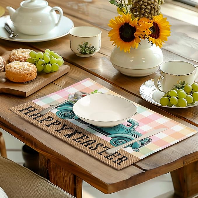 Happy Easter Placemats Set of 4 Pink Yellow Blue Buffalo Plaid Truck Eggs Daisy Easter Table Mats Spring Seasonal Linen Place Mat Washable Place Mats for Party Kitchen Dining Outdoor Indoor Decor-Ruum Studio Home