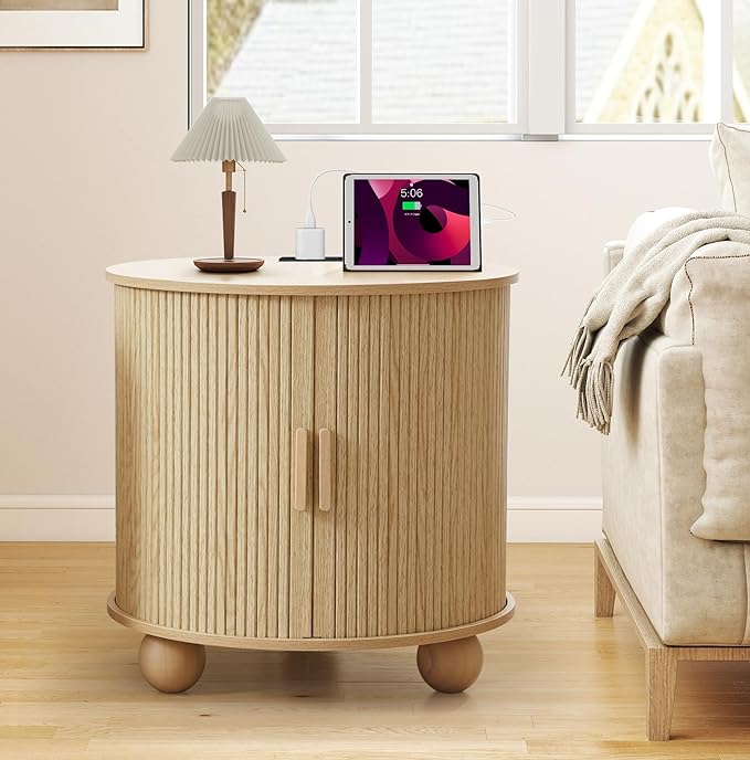 AVZEAR 24" Large Round End Table with Charging Station, Farmhouse Fluted Sofa Side Table with Sliding Tambour Door & Storage, Mid-Century Wood Nightstand for Living Room, Bedroom, Natural-Ruum Studio Home