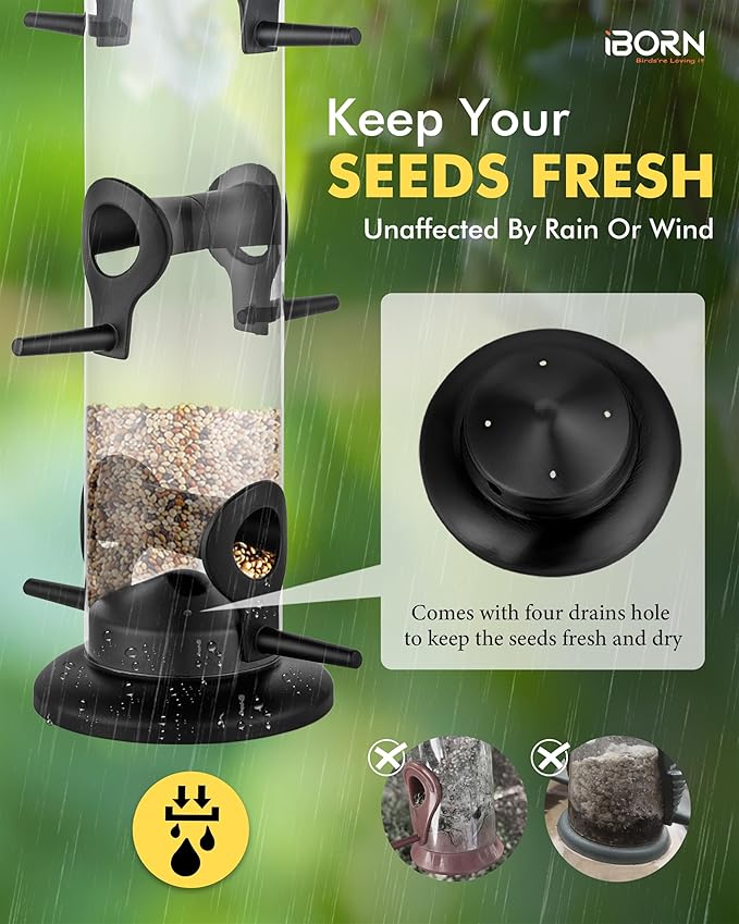 iBorn Metal Bird Feeder Hanging Wild Bird Seed Feeder for Mix Seed Blends Heavy Duty All Metal Black Finish,14 Inch 6 Port,Pack of 2-Ruum Studio Home