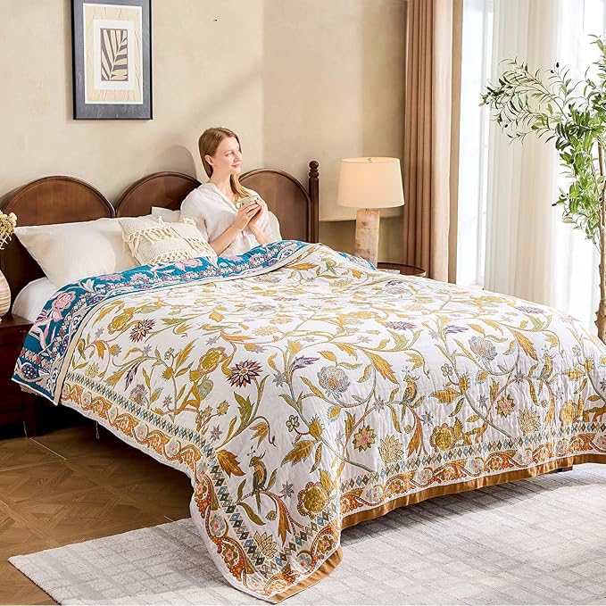 Fall Throw Blanket for Couch, Brown Boho Decorative Throw Blanket, 100% Cotton Muslin Breathable Woven Farmhouse Blankets Quilt, 90"x98" Reversible Lightweight Blankets Bohemian Throw Quilt-Ruum Studio Home