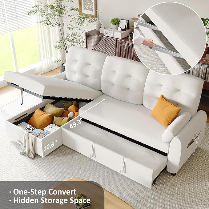 Ucloveria Sleeper Sofa Bed, 86" Convertible Sectional Sofa Couches for Living Room, 4 in 1 Pull Out Couch Bed with Reversible Storage Chaise | USB Ports | Side Pockets | Removable Backrest-Ruum Studio Home