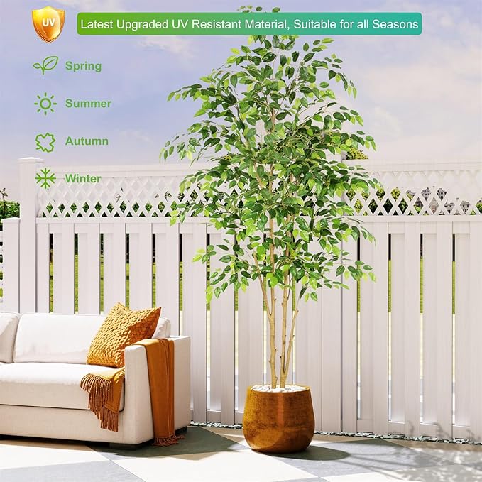 Tall UV Resistant Ficus Tree Artificial，8ft(96in) Realistic Texture Potted Faux Ficus Tree， Fake Trees Indoor Outdoor for Home Office Living Room Bedroom Foyer Porch Decor.-Ruum Studio Home