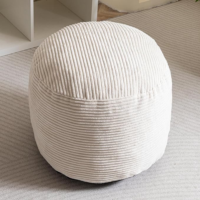 HIGOGOGO Round Stuffed Pouf Ottoman, Corduroy Poufs with Foam Chunk Filling, Furry and Fluffy Pouf Foot Stool Storage Ottoman, 20 X 15 Floor Poufs Foot Rest for Living Room, Beige-Ruum Studio Home