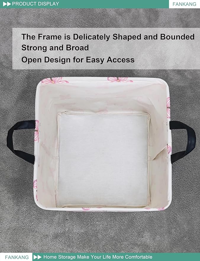 FANKANG Square Nursery Hamper Storage Bins Canvas Laundry Basket Foldable with Waterproof PE Coating Storage Baskets Gift Baskets for Children, Office, Bedroom, Clothes（Square-pink butterfly ）-Ruum Studio Home