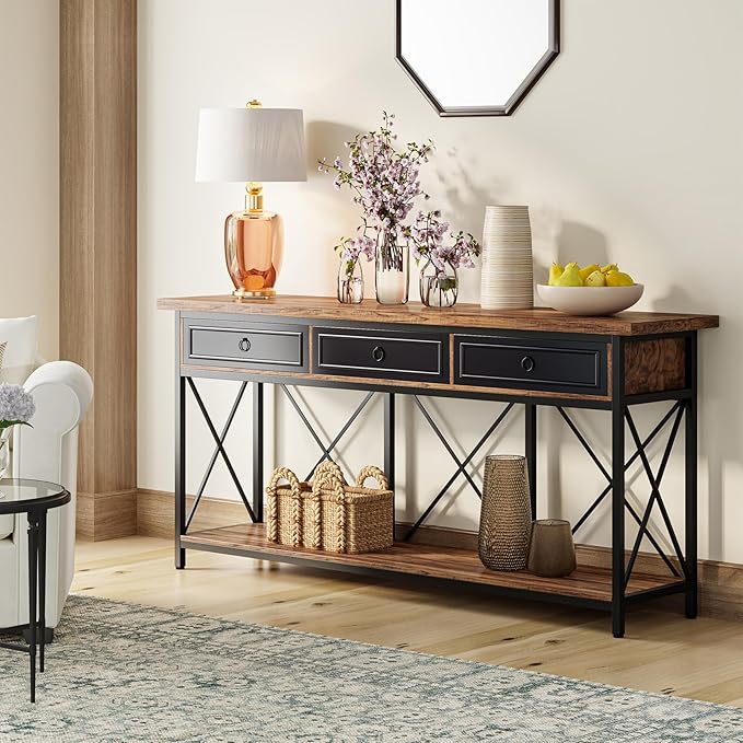 Tribesigns 70.8" Console Table with 3 Drawers, Farmhouse Entryway Table with Storage Shelf, Narrow Long Sofa Foyer Table for Entryway, Hallway (Brown/Black)-Ruum Studio Home