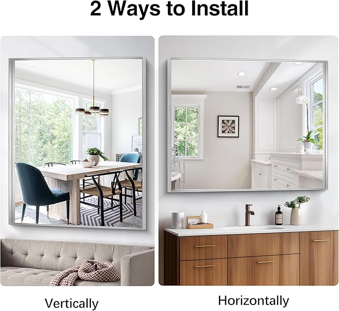 Silver Bathroom Mirror, 40x48 Inch Rectangular Framed Mirror, Large Wall Mounted Bathroom Vanity Mirror Over Sink for Bedroom,Restroom, Living Room, Hangs Vertically or Horizontally-Ruum Studio Home