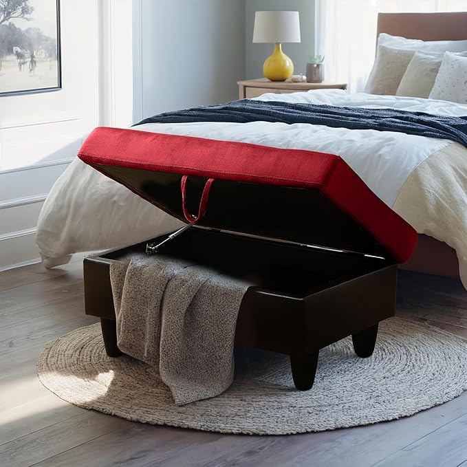 Ottoman Rectangular Storage Ottoman Bench, Flannel Footrest Stool Footstool with Lid for Living Room, Bedroom, Entryway, Red&Black, 35"x23.5"x17.5"-Ruum Studio Home