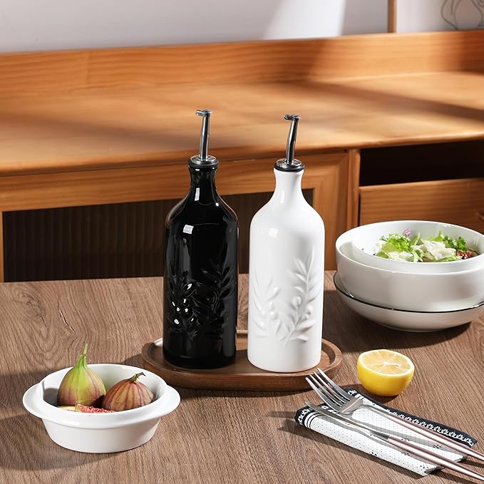 Sweejar Ceramic Olive Oil Dispenser Bottle, 20 Oz Relief Opaque Oil Cruet Protects To Reduce Oxidation, Suitable for Storage Vinegar, Soy Sauce,Liquids,Set of 2 (White Black)-Ruum Studio Home