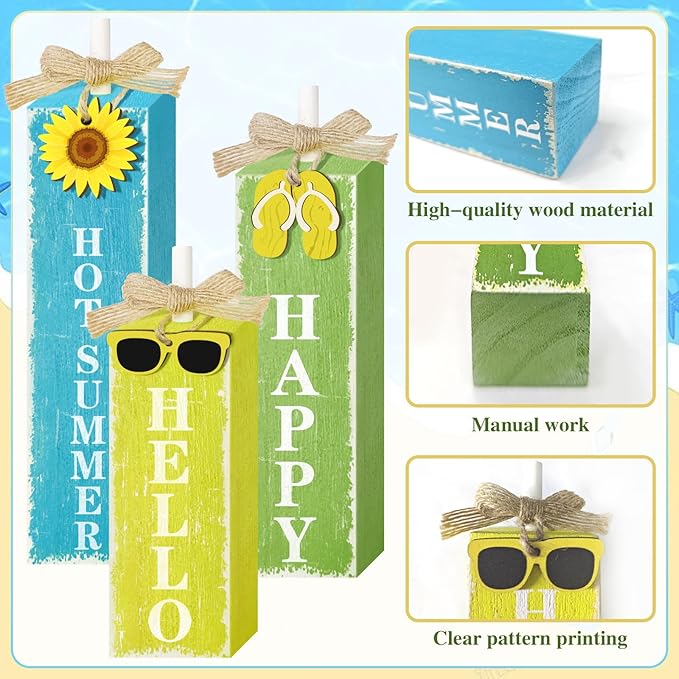 3 PCs Wooden Tiered Tray Decor Hello Happy Hot Summer Rustic Table Decor Block Signs for Beach Island Home Office Decorations (Summer-1)-Ruum Studio Home