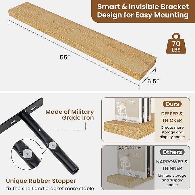 fuqing Floating Shelves for Wall, Bathroom Shelf Wall Mounted for Storage, Shelves with Invisible Bracket for Bedroom, Kitchen, Living Room, Farmhouse Small Book Shelf, 55 Inch Set of 2, Oak-Ruum Studio Home