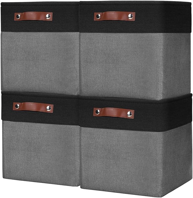 Collapsible Fabric Storage Cubes 11x11 Cube Storage Bins, 4 Pack Closet Baskets Box with Handles for Organizing, Shelf, Toys, Clothes, Home, Office, Nursery (Grey&Black)-Ruum Studio Home