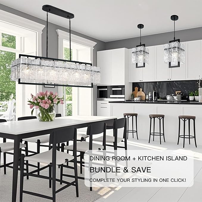 IKK Modern Rectangle Black Crystal Chandeliers for Dining Room, 42" Large Rectangular Water Ripple Glass Island Light Fixture, Linear Farmhouse Lighting for Kitchen Island, Living Room, L42xW11xH12-Ruum Studio Home