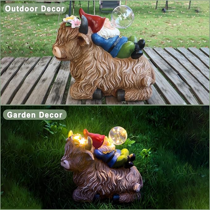 Solar Highland Cow Gnome Garden Decor Statue, Outdoor Funny Solar Light Decoration for Yard, Patio, Lawn, Unique Housewarming, Birthday Gift for Women, Mom, Grandma-Ruum Studio Home