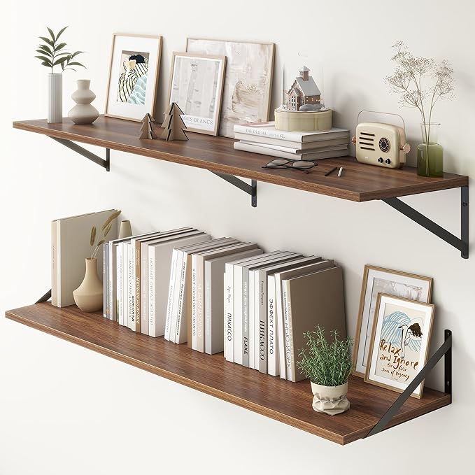 Fun Memories Deep Floating Shelves, 55W x 12D Floating Shelves for Wall, Wood Floating Shelf with Bracket, Wide Display & Storage Wall Shelves for Living Room, Bedroom, Walnut-Ruum Studio Home
