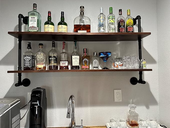 ROGMARS Industrial Pipe Shelves Shelving 48 inch with Solid Wood Planks Farmhouse Pipe Book Shelves Wall Mounted,Industrial Floating Shelves Bar Shelving Rustic Shelves 2 Tier for Kitchen,Living Room-Ruum Studio Home