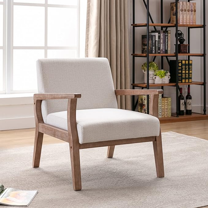 Mid Century Modern Accent Chair Set of 2, Linen Upholstered Living Room Accent Armchair with Wood Frame, Farmhouse Chair for Living Room Bedroom, Ivory-Ruum Studio Home