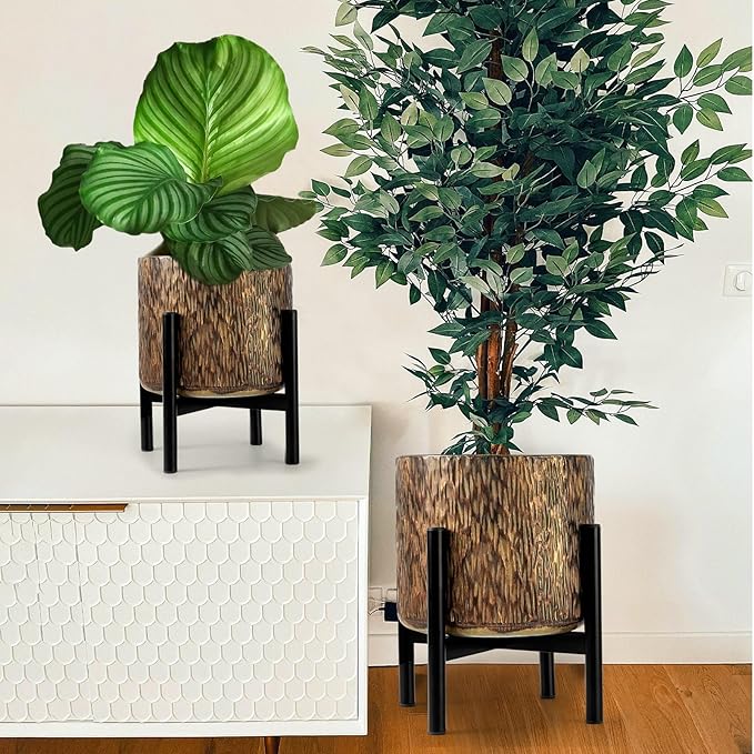 Harvest Land Plant Pots with Stand, Set of 2 Large Modern Planters Metal Tall Handmade Flower Pots with Drainage Holes Indoor Outdoor,Bronze-Ruum Studio Home