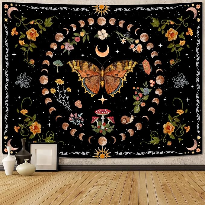 Aipon Orange Butterfly Moon Flower Tapestry Botanical Floral Plant Boho Tapestry for Bedroom Aesthetic Vintage Tapestries Wall Hanging for Living Room Dorm (60.00'' × 80.00'', Orange)-Ruum Studio Home