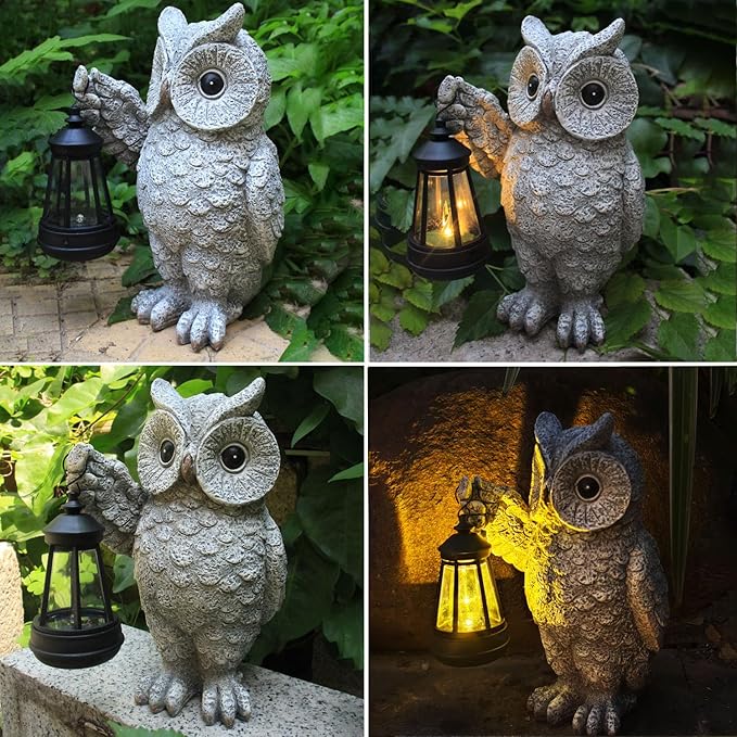 Garden Statues, owl Outdoor Figurines Decorated with Solar Lights, Unique Christmas Birthday Gifts for Moms, Grandmas, Women, Wives, Sisters (Grey Owl1)-Ruum Studio Home