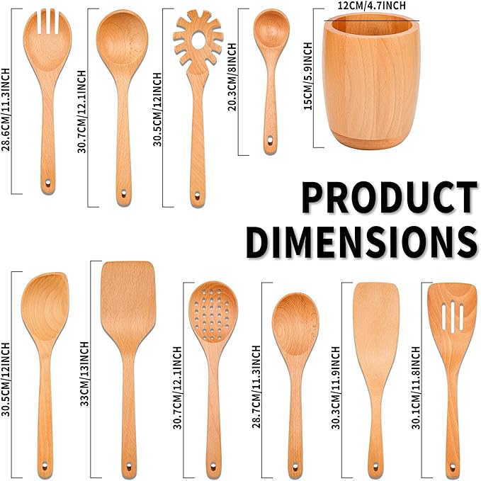 11 PCS WOSPONFAN Kitchen Utensils Set - Wooden Spoons for Cooking, Natural Beech Wood Wooden Utensils - Includes Wooden Spoons, Spatula Set, Slotted Spoon - Handmade Wooden Spoon Set-Ruum Studio Home