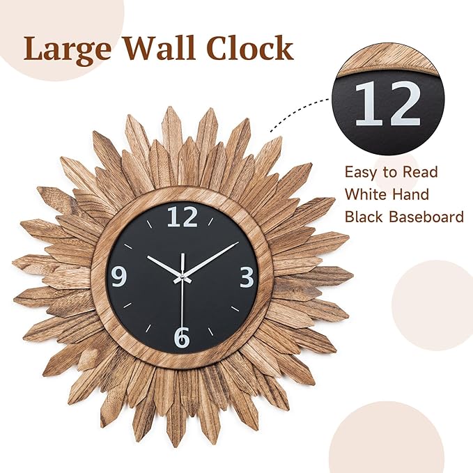 Honiway Large Wall Clock Battery Operated 21 in Rustic Wood Boho Sunburst Decorative Wall Clock Silent Non Ticking Farmhouse Wall Clocks for Living Room Bedroom Kitchen Bathroom Decor (Rustic Brown)-Ruum Studio Home