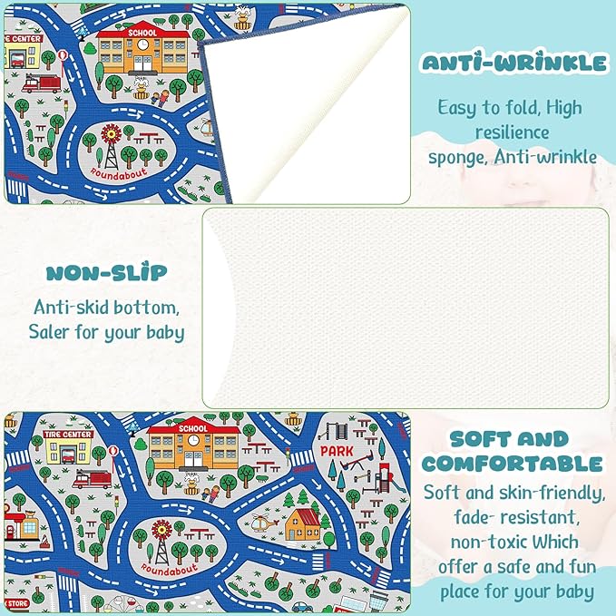 Kids Carpet Playmat Rug Player Car Rug,City Life Traffic Road Map Mat Educational Game Area Rug for Toddler Children Playroom Classroom Bedroom (Blue,6 x 9 ft)-Ruum Studio Home