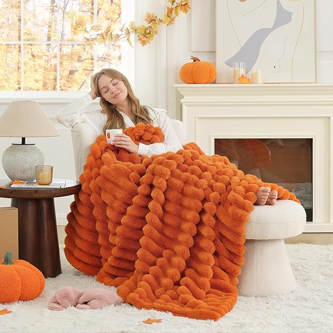 Cozy Bliss Fall Harvest Faux Fur Throw Blanket for Couch, Cozy Warm Plush Striped Blanket for for Decorating Couch Sofa Bedroom Living Room,60 * 80 Inches Burnt Orange-Ruum Studio Home
